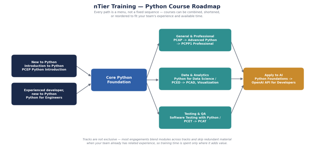 Roadmap diagram showing nTier Training Python course paths from beginner foundation through General & Professional, Data & Analytics, and Testing & QA specialization tracks, converging into AI application courses